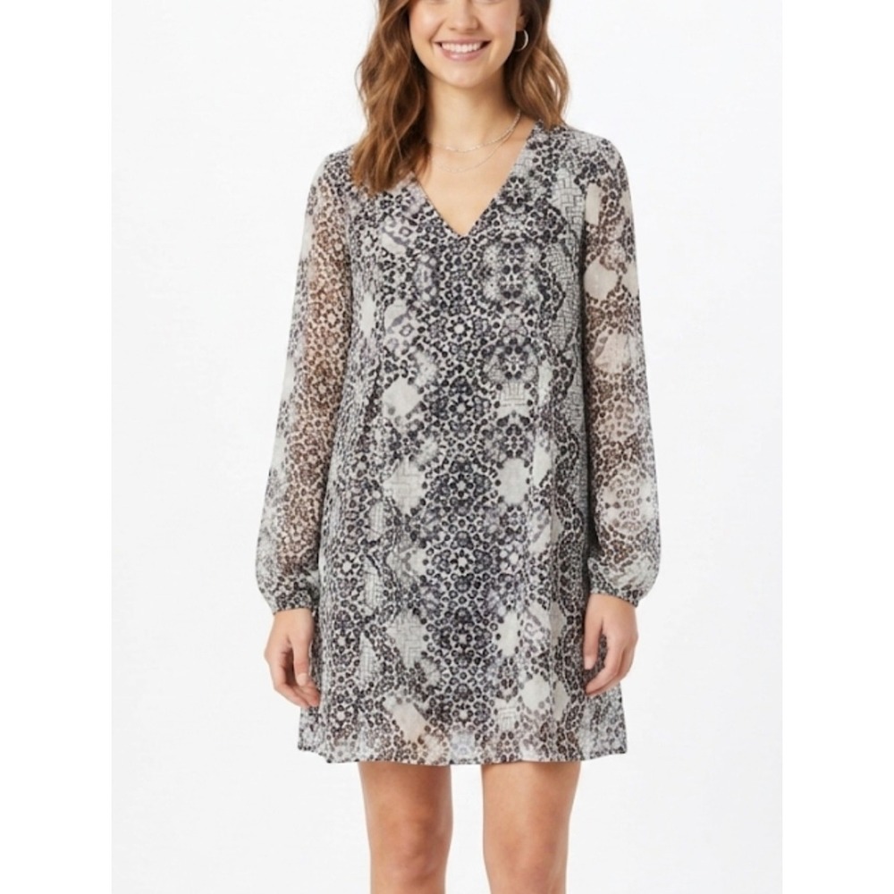 BCBGENERATION Small Geometric Print Tie Neck Shift Dress Sheer Sleeves Flowy‎